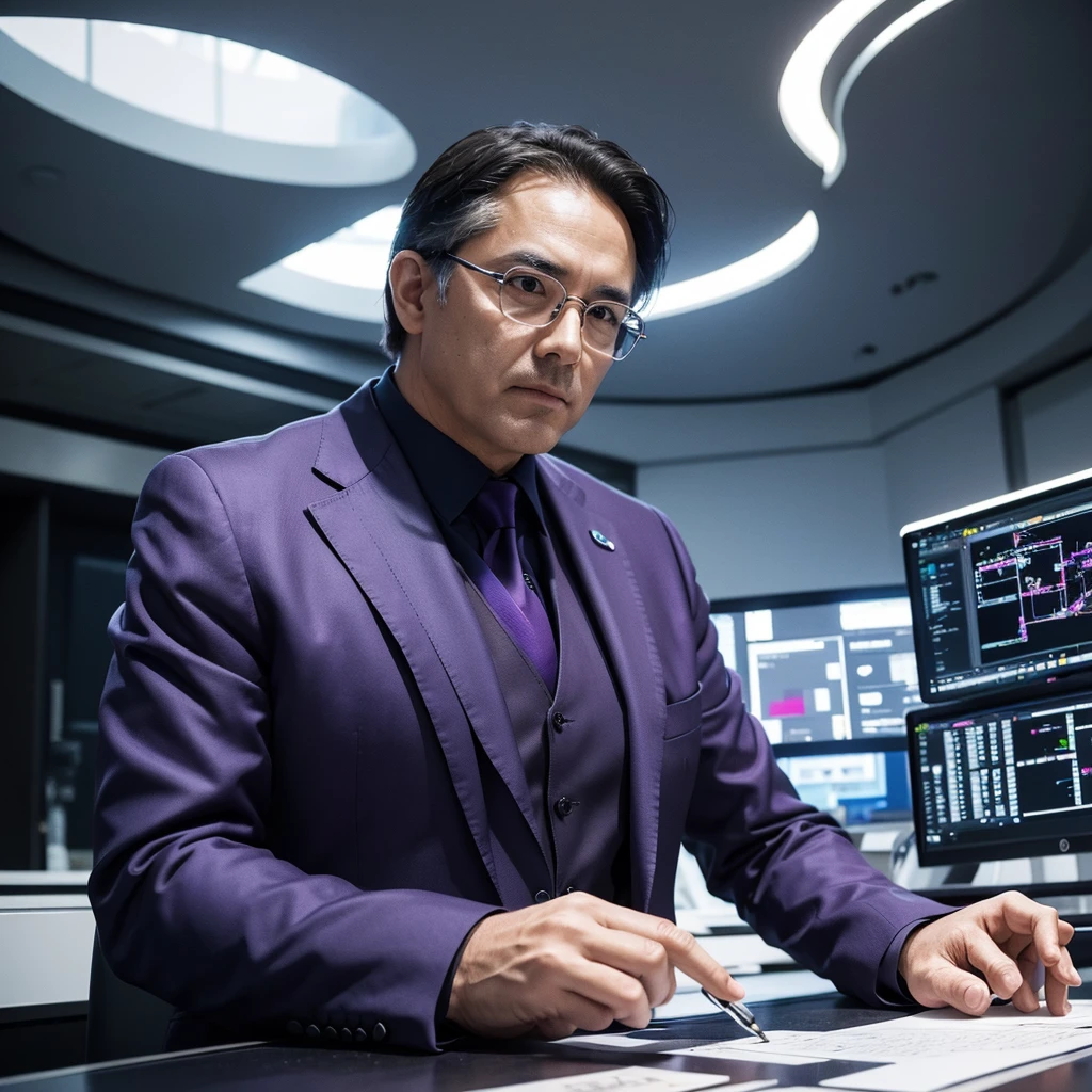 Create an image of a middle-aged male architect wearing a sophisticated purple suit. He should be portrayed in a thoughtful and strategic pose, perhaps looking over blueprints or working on a futuristic architectural model. The setting should be modern and sleek, reflecting his intellectual prowess and strategic genius. Include elements that emphasize his analytical mind and innovative thinking, such as complex diagrams, a high-tech environment, and an intense, focused expression. The overall atmosphere should convey intelligence, precision, and visionary leadership.