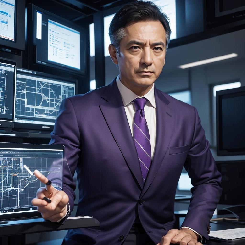 Create an image of a middle-aged male architect wearing a sophisticated purple suit. He should be portrayed in a thoughtful and strategic pose, perhaps looking over blueprints or working on a futuristic architectural model. The setting should be modern and sleek, reflecting his intellectual prowess and strategic genius. Include elements that emphasize his analytical mind and innovative thinking, such as complex diagrams, a high-tech environment, and an intense, focused expression. The overall atmosphere should convey intelligence, precision, and visionary leadership.