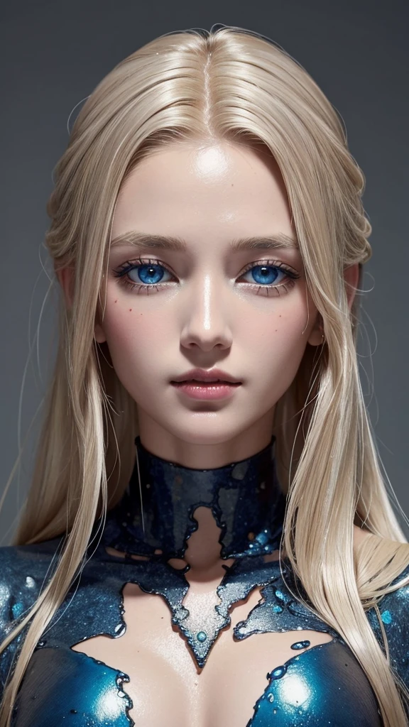 Beautiful supermodel woman with blonde hair, Hair with subtle highlights, Blue-gray eyes, Mixed Media, Wet paint, Jewel Beetle、Red equipment, Colored Background, The color of the liquid flowing on her face, photograph:Jinnah Chan. - At six o'clock