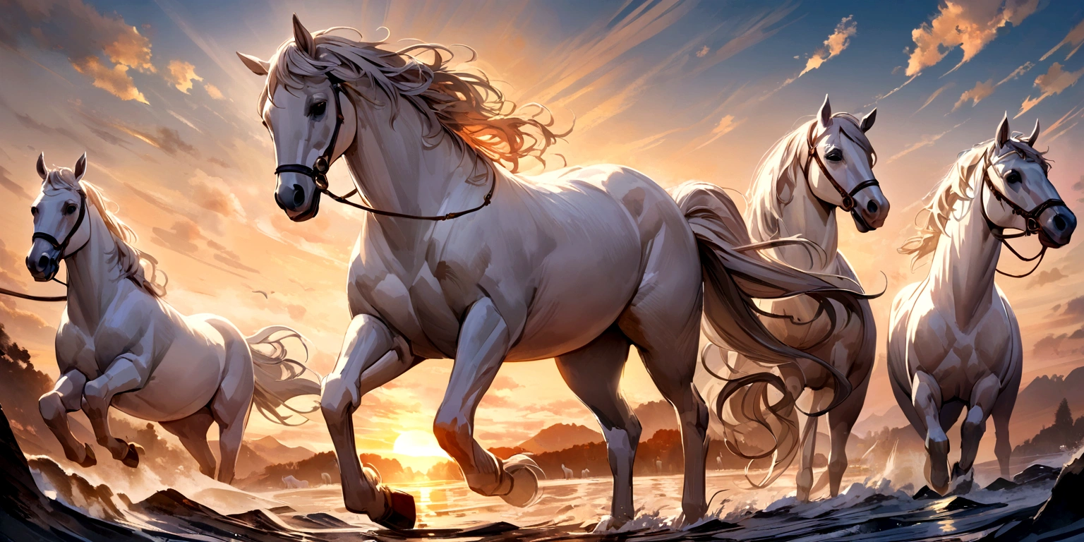 three white horses, oil painted, sunrise, many details , one horse in the middle and two on the sides