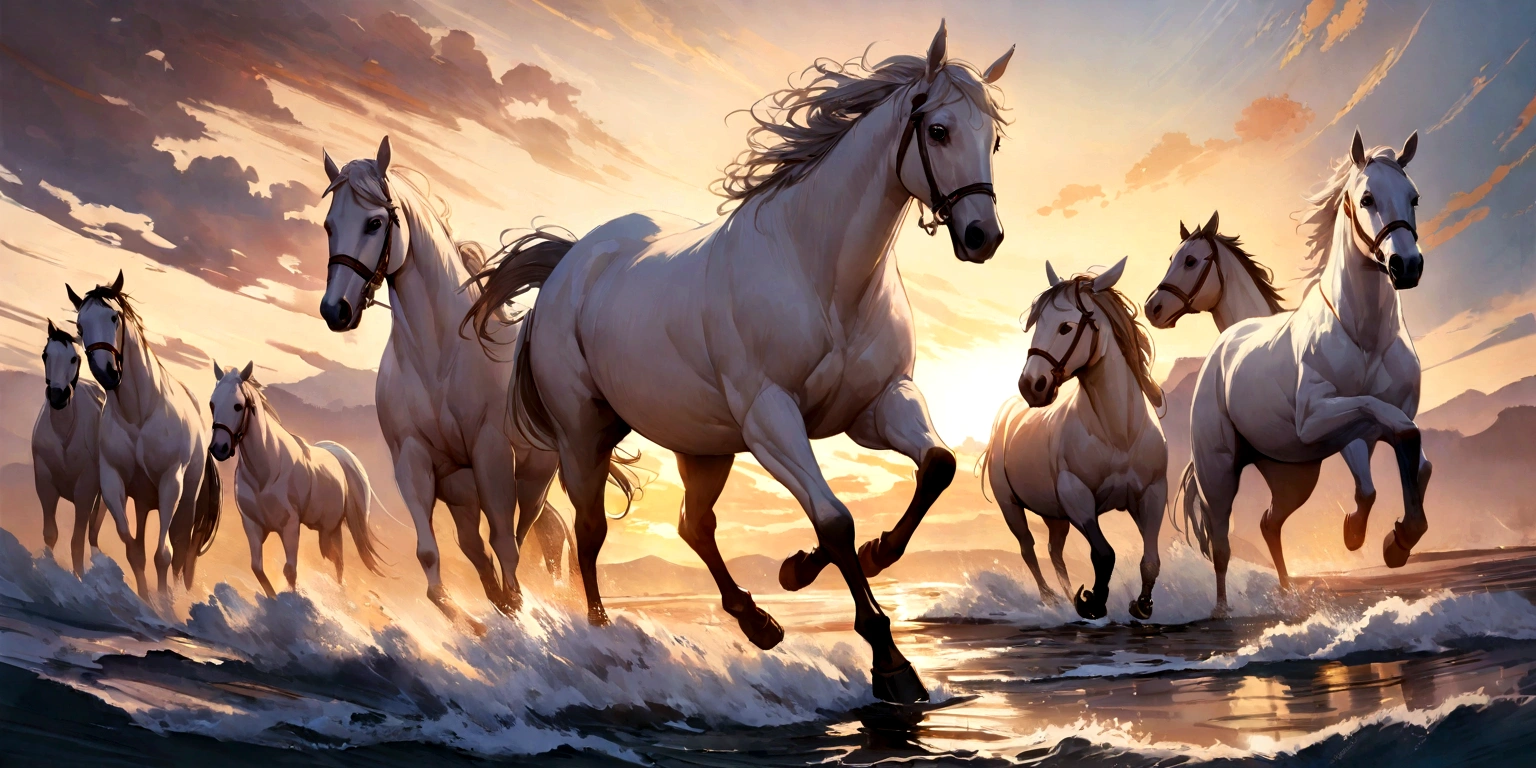 three white horses, oil painted, sunrise, many details , one horse in the middle and two on the sides