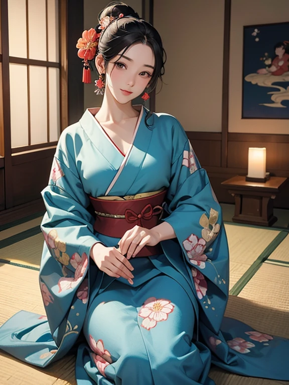 (Highest quality、masterpiece、High resolution、8K)、Ukiyo-e、Vibrant colors、Utamaro、Edo Period、Flowers of Yoshiwara、1 flower kui、whole body、Japanese-style room、It is a tatami room.、There is a candle light、Utamaroの絵のモデル、The courtesan&#39;s hair is black and beautiful、Decoration、The kimono is white with red floral patterns、Sitting、Sitting sideways、The kimono has been flipped up, exposing some bare skin.、One hand is holding a fan open、Details of the model&#39;s gestures and facial expressions、Official Art、Detailed CG、
