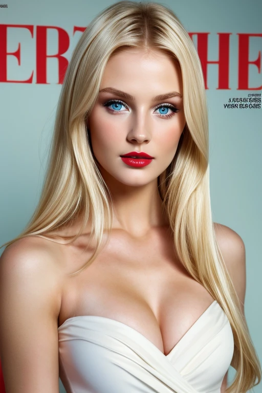 American white girl, blonde hair, blue eyes, strikingly beautiful, delicate facial features, porcelain skin, expressive eyes, red lips, Background and model as is, Beautiful woman in 90s retro dress, magazine pose,