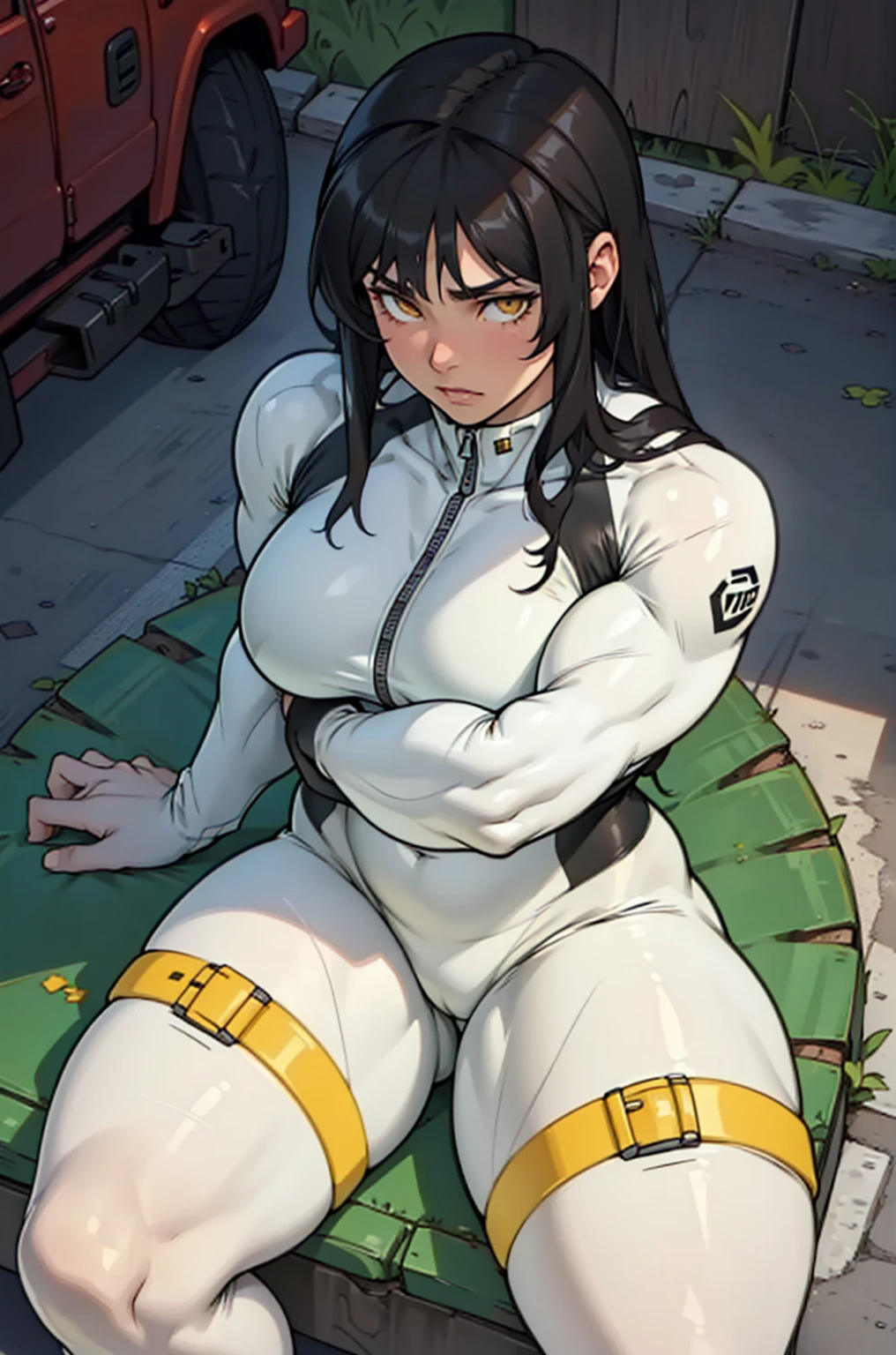best quality (((((girl muscular thick thighs))))) (full bodysuit cowboy-shot from above sitting) pale skin black hair yellow eyes very long hair