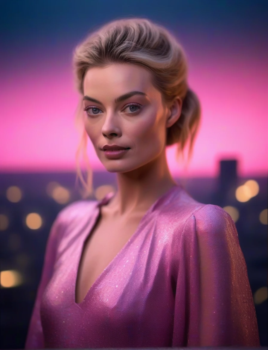 MargotRobbie, (art by Henri Le Sidaner:1.3) ,art by Bill Brauer, Photography, Very detailed, Sharp Murano small Qin dynasty (female:1.3) , wearing a pink cocktail dress. Dark Pixie Hairstyle. She is on a roof. In the background there is a city at night with purple neon lights, pink and blue, ultra realisticStars in the sky, soft focus, illustration, deep indigo lighting, film grain, Fuji Superia 400, Depth of field 100 mm, Two colors, "She will be loved, and she will be loved.",