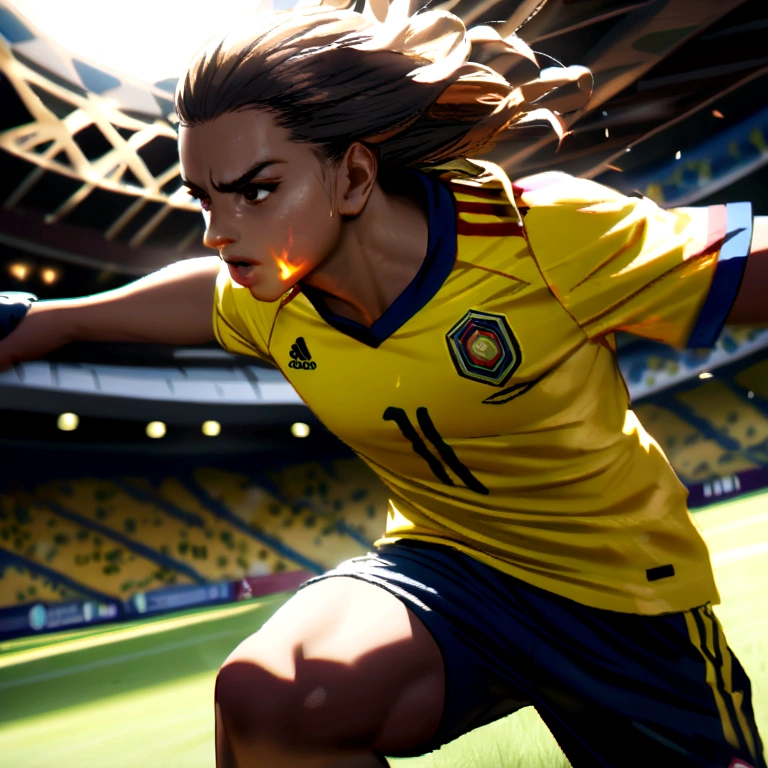 Colombia soccer player, hitting a flaming soccer ball 
