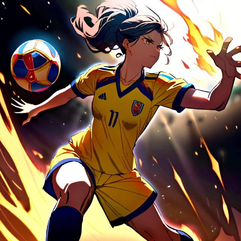 Colombia soccer player, hitting a flaming soccer ball