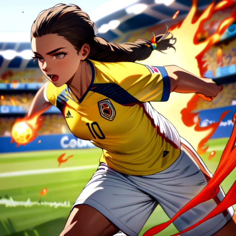 Colombia soccer player, hitting a flaming soccer ball