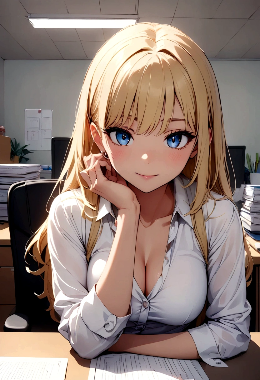 beautiful girl, in the office, white shirt slightly open,