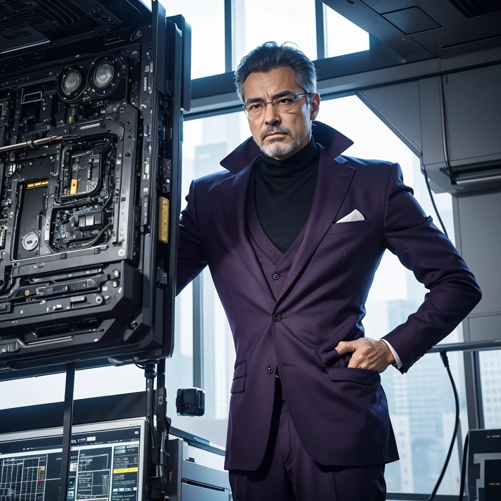 Create an image of a middle-aged male architect wearing a sophisticated purple suit. He should be portrayed in a thoughtful and strategic pose, perhaps looking over blueprints or working on a futuristic architectural model. The setting should be modern and sleek, reflecting his intellectual prowess and strategic genius. Include elements that emphasize his analytical mind and innovative thinking, such as complex diagrams, a high-tech environment, and an intense, focused expression. The overall atmosphere should convey intelligence, precision, and visionary leadership.