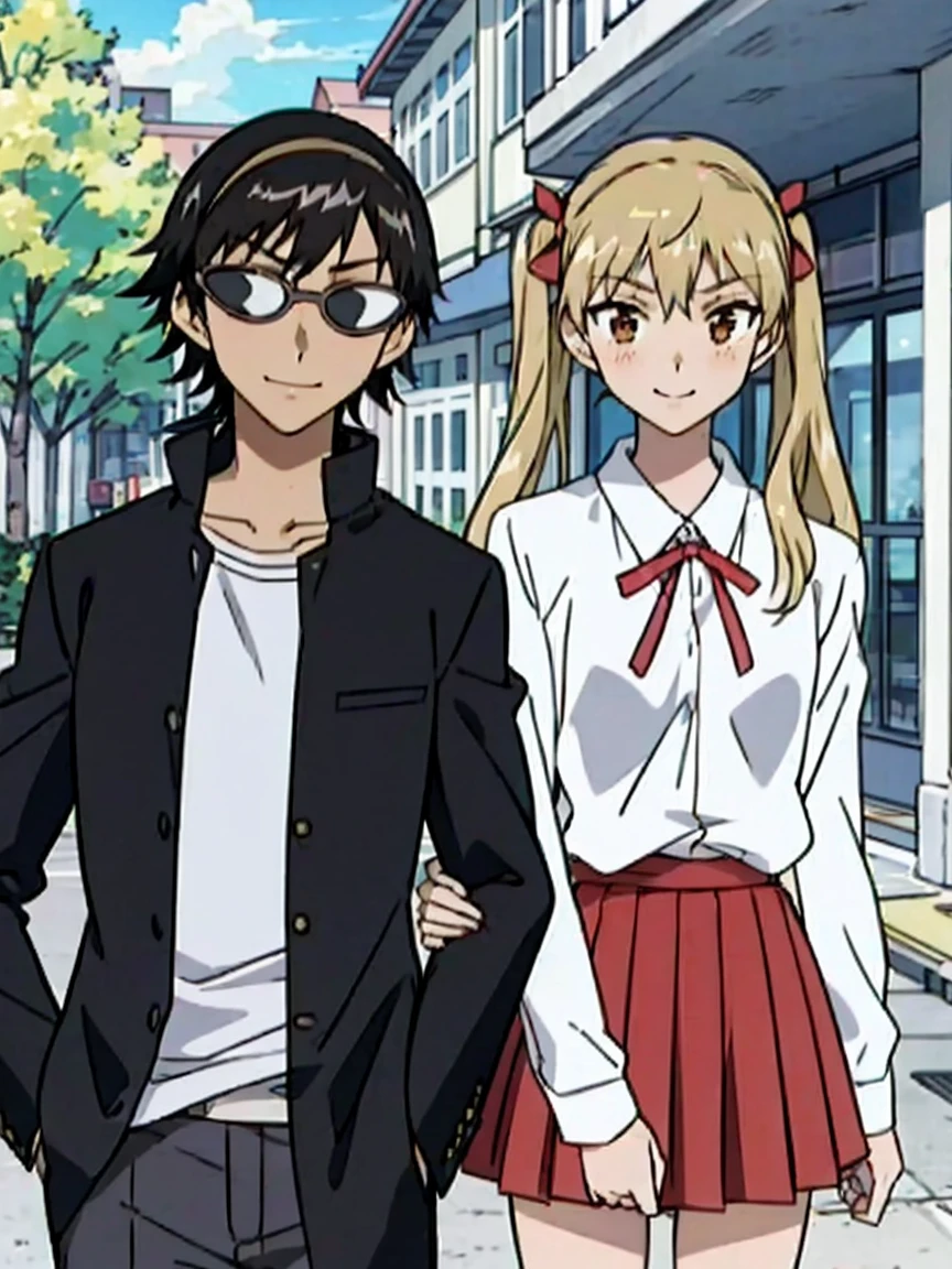 1 boy and 1 girl stand in the street,twintails,sawachika eri, brown eyes, hair ribbon,harimakenji, glasses, ,school uniform, red pleated skirt,eri,hairband, looking_at_viewer, serious, gakuran, white_shirt,smile,happy,two persons