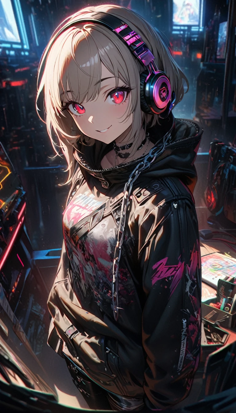 1 Girl, chromatic aberration, Written boundary depth, Soft Light, masterpiece, Highest quality, complicated, Tone Mapping, Very detailed, Art Station, Concept Art, Smooth, Clear focus, Dramatic lighting, Very detailed artwork, movie, super practical painting, Art Station's trending, 8K, Incredible Shadows, practical, (Very detailed background:1.0), whole body, View, Viewers, Very detailed portrait of one girl 1, standing on street corner, Heavy rain and lightning、Dark Sky, neon and cyber punk background, she is dressed in punk clothing with silver chains and silver spikes, Her hair was dyed light brown....,The middle part is black, She wears headphones, Detailed red eyes with clear pupils, Ominous aura of light, smile, punk, ciber punk, Backlight.Stylish clothes、No knowledge of horses'tail、Dress code: casual,Hairstyle is ponytail