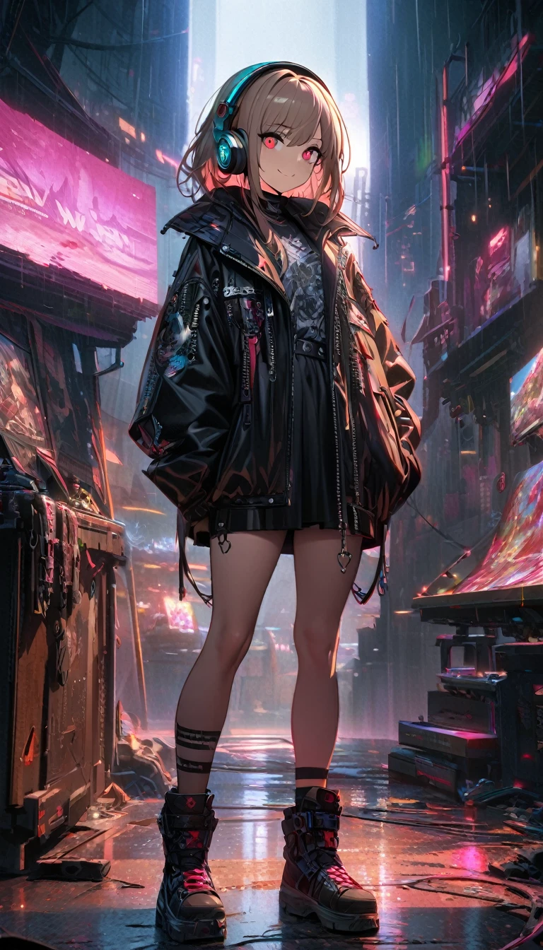 1 Girl, chromatic aberration, Written boundary depth, Soft Light, masterpiece, Highest quality, complicated, Tone Mapping, Very detailed, Art Station, Concept Art, Smooth, Clear focus, Dramatic lighting, Very detailed artwork, movie, super practical painting, Art Station's trending, 8K, Incredible Shadows, practical, (Very detailed background:1.0), whole body, View, Viewers, Very detailed portrait of one girl 1, standing on street corner, Heavy rain and lightning、Dark Sky, neon and cyber punk background, she is dressed in punk clothing with silver chains and silver spikes, Her hair was dyed light brown....，The middle part is black, She wears headphones, Detailed red eyes with clear pupils, Ominous aura of light, smile, punk, ciber punk, Backlight.Stylish clothes、No knowledge of horses&#39;tail、Dress code: casual,Hairstyle is ponytail