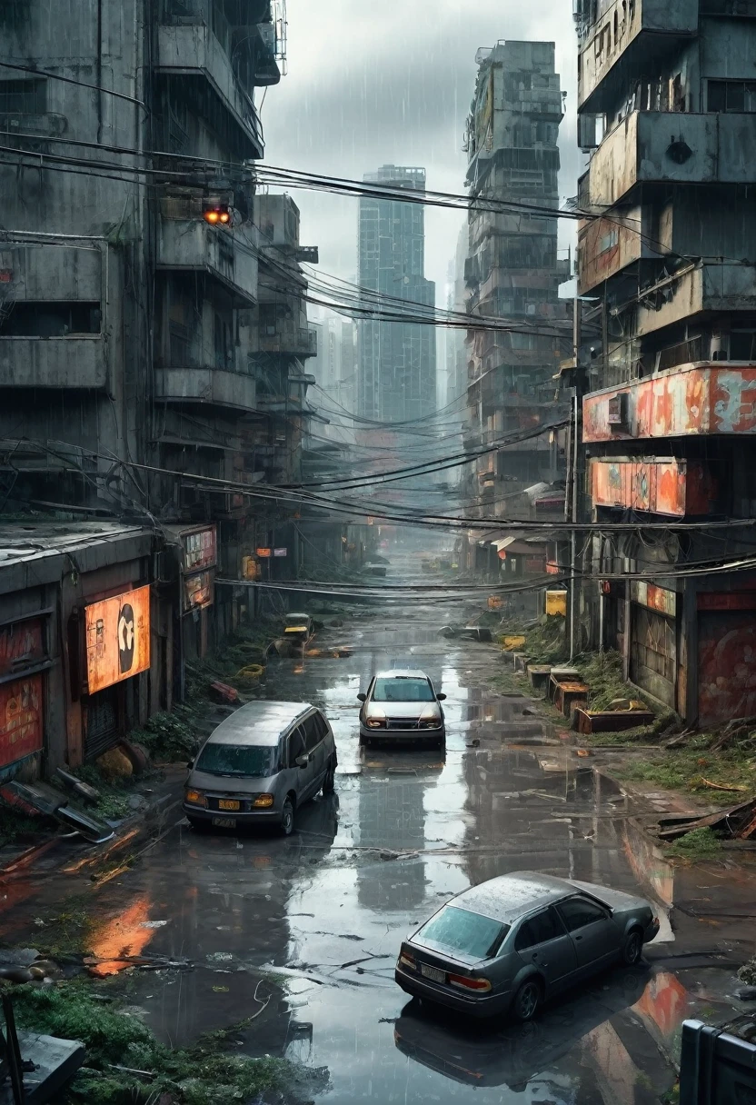 Image of the center of a modern ultra futuristic abandoned city with abandoned and rusty and dirty cars standing among the dirty modern round and circular gray buildings in ruins. Cyberpunk style, rain and puddles of water on the ground, Science fiction, top view from a height of 30 meters, apocalipse nuclear, urban scenery with poles with traffic lights and wires of fallen poles,  there is a rusty chain link fence around the buildings, There are billboards fallen from buildings, as realistic as possible, high qualiy, 4K, hyper detailled