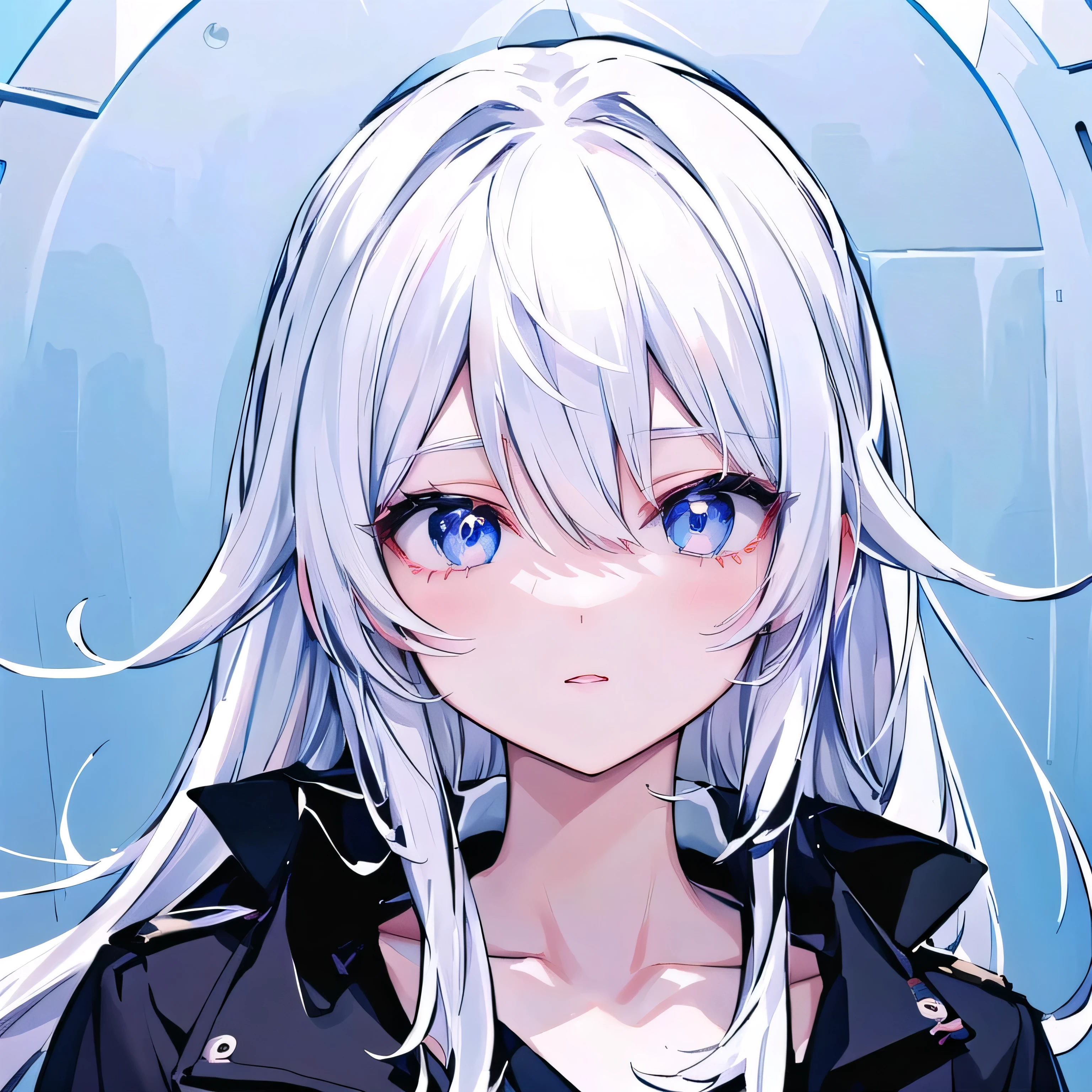 Anime girl with long white hair and blue eyes wearing a black jacket, White hair girl, White hair, perfect White hair girl, - Silver-haired girl, Anime style 4k, Portrait Anime Girl, Detailed portrait of anime girl, Anime style portrait, Very cute anime girl face, Stunning anime face portraits, White hair, Cute anime girl portrait