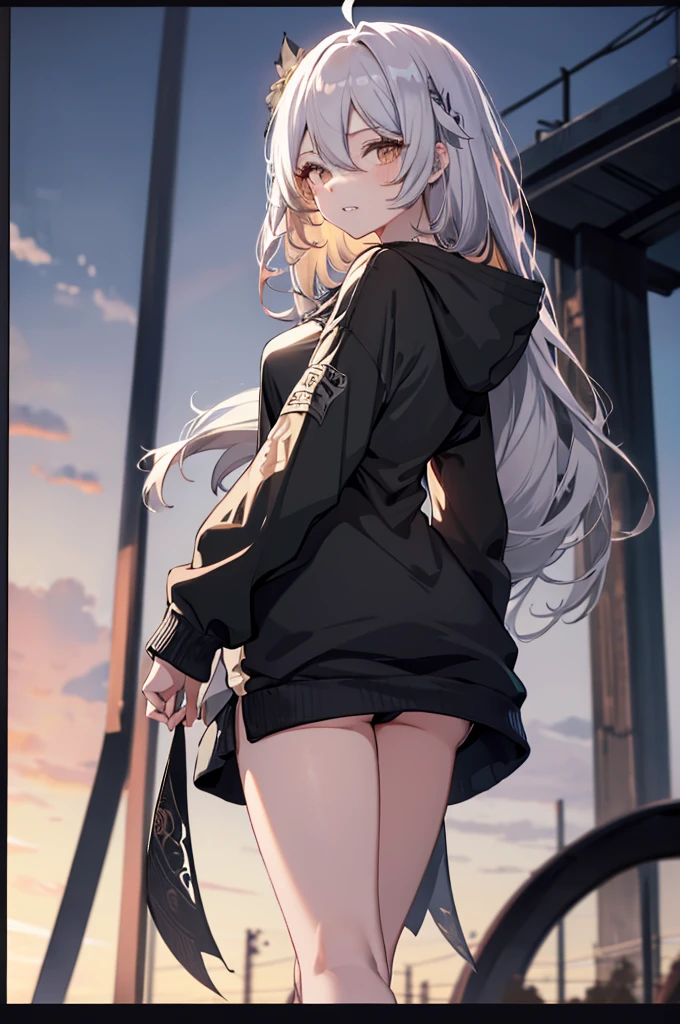 1girl, {Solitary}, Upper Body ,{{ {Watching at viewer}}}, Arms at your sides, Concept Art, white Background, simple Background, White hair, Silver gradient hair , Composite cloth, Asymmetrical clothes, Virtual YouTuber, best quality, masterpiece, Dynamic Angle, , cowboy_shooting, Watching_Back, grab, girl,Miss,woman, young,20 years old, Very long hair, Hair Flip, Silver Hair, Flowing hair, Ahog, giggle, Beautiful and delicate golden eyes, teeth, Large Breasts, Blonde eyes, White skin, hoodie, Black_shorts, Gray clothes, transparent_Background, Backlighting, absurd, high resolution, Extremely detailed,sweater,Face to face