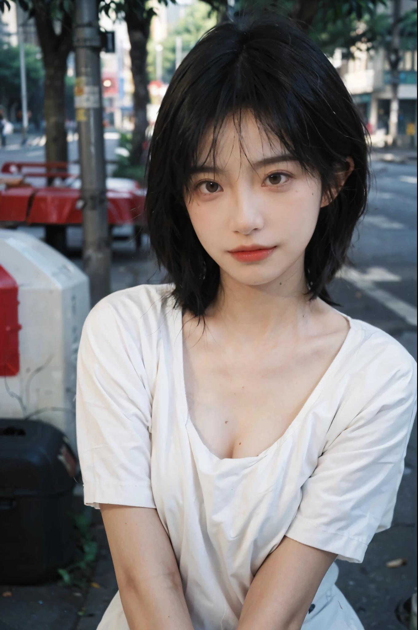 (Skin details:1.4), (smooth skin textures:1.3), Lipstick, background, earrings, Serene, calm, (Realistic and detailed eyes:1.2), (Large Breasts:1.3),Natural skin texture, Realistic facial details, Soft dramatic lighting, Vivid details, 35 mm film, outdoor, (Photo Practical:1.4), (hyper Practical:1.4), (Practical:1.3), (Smoother lighting:1.05), (Improve lighting quality:0.9), (Highest quality real skin textures:1.4), Exquisite eyes, Delicate face, Close-up of face, (Enhance the beauty of skin texture:1.1), Hair details, Model,normal body ratio, short hair, Moles under the eyes, Park background,Portrait Photography, Depth of Field, bokeh, Surrealism, Ray Tracing, (Portrait Photography:1.1), Surrealism, High Detail, clair obscur, Ray Tracing, reflected light, ultra HD, ultra HD, masterpiece, Textured Skin, Super Detail, High Detail, high quality, best quality