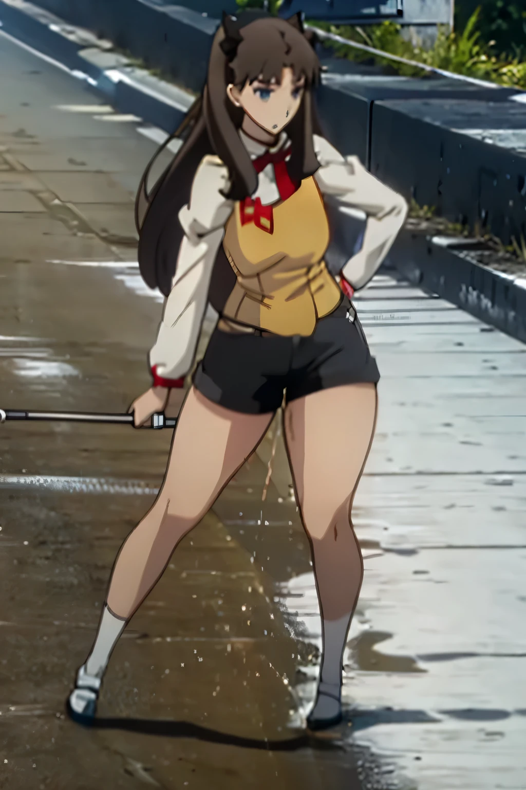 Highest quality, masterpiece, High resolution, 1 Girl, Tohsaka Rin, Long Hair, Both sides up, Brown Hair, blue eyes, Hair Ribbon, (Wet shorts), (((Be incontinent))), (((Peeing))), Pee running down my legs, Pee stains, (puddle), (Thick thighs),
