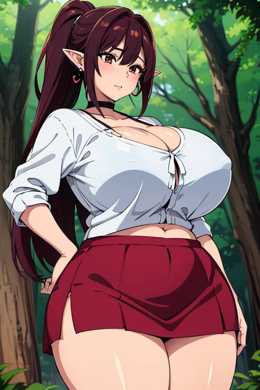 NJAkiV4, takeda hiromitsu style, best quality, high resolution, black hair, ponytail, (enormous breasts), shiny skin, (elegant), deep cleavage, wide hips, thick thighs, (big ass), (excessive breast expansion), earrings, skindentation, horny, huge breasts, forest, alluring, tight clothes, choker, (hearts), outgrown clothes, (slut), huge breasts, (veiny breasts), (chubby), (plump), cowboy shot, transparent skirt, (midriff), pink miniskirt, elf, long ears, pointed ears