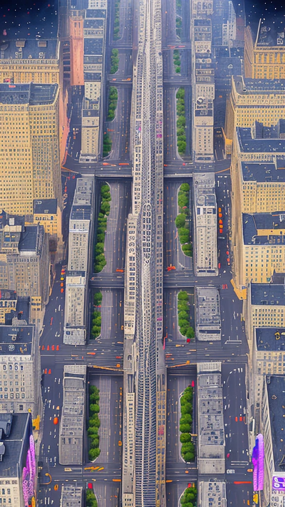 Straight road running through the center of the city, game concept, game map, pixel, pixel art, (straight road:1.2), paved road, night, detailed, vertical, bird's eye view, modern city, front projection