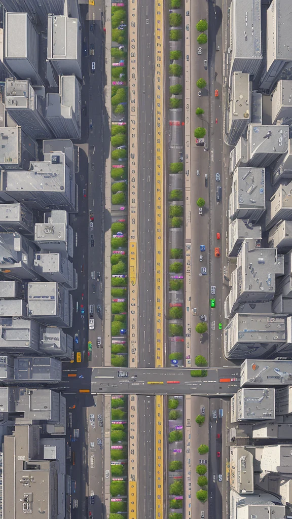 Straight road running through the center of the city, game concept, game map, pixel, pixel art, (straight road:1.2), paved road, night, detailed, vertical, bird's eye view, modern city, front projection