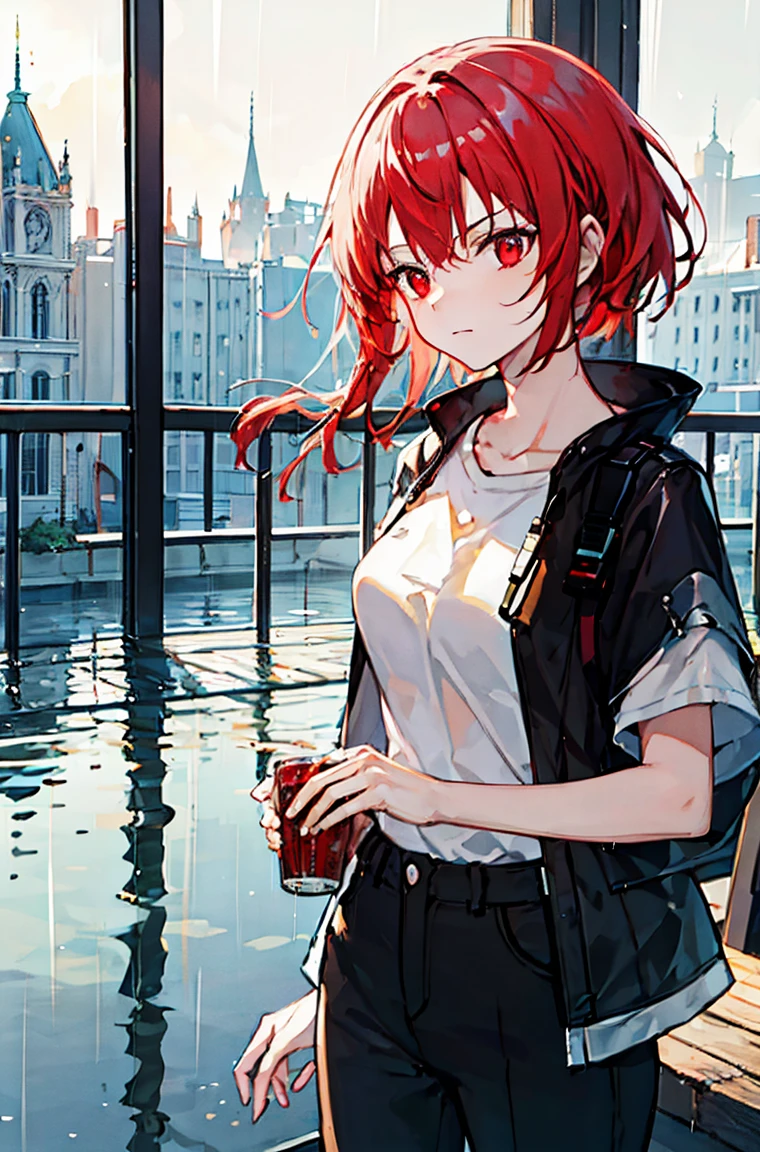 Beautiful masterpiece, best quality, Illustration style,little flame_arknights，
bridge_Ark of Tomorrow，serious， Red Hair，Red eyes，shirt，trousers，Anime Girl, beautiful eyes, summer,，small, Heartwarming, Youthful and beautiful,, showing a natural casual style. Dynamic posture contains the golden ratio, Large aperture portrait, White space, Strong contrast between light and shadow, Super texture, Super clear and concise pictures, presenting extremely beautiful, Elegant temperament, Subtle facial expressions, City background, rain, Road area water reflection，There is one，There is onehead，one person