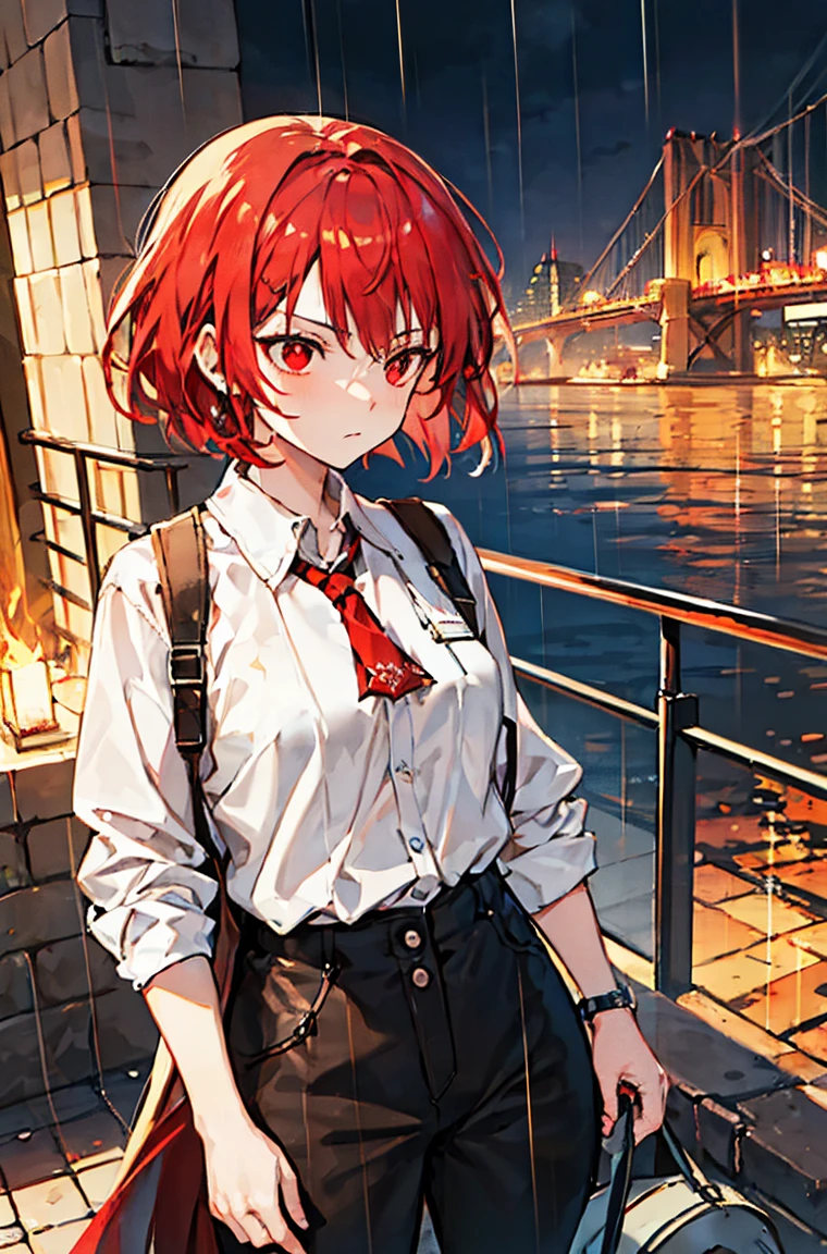 Beautiful masterpiece, best quality, Illustration style,little flame_arknights，
bridge_Ark of Tomorrow，serious， Red Hair，Red eyes，shirt，trousers，Anime Girl, beautiful eyes, summer,，small, Heartwarming, Youthful and beautiful,, showing a natural casual style. Dynamic posture contains the golden ratio, Large aperture portrait, White space, Strong contrast between light and shadow, Super texture, Super clear and concise pictures, presenting extremely beautiful, Elegant temperament, Subtle facial expressions, City background, rain, Road area water reflection，There is one，There is onehead，one person