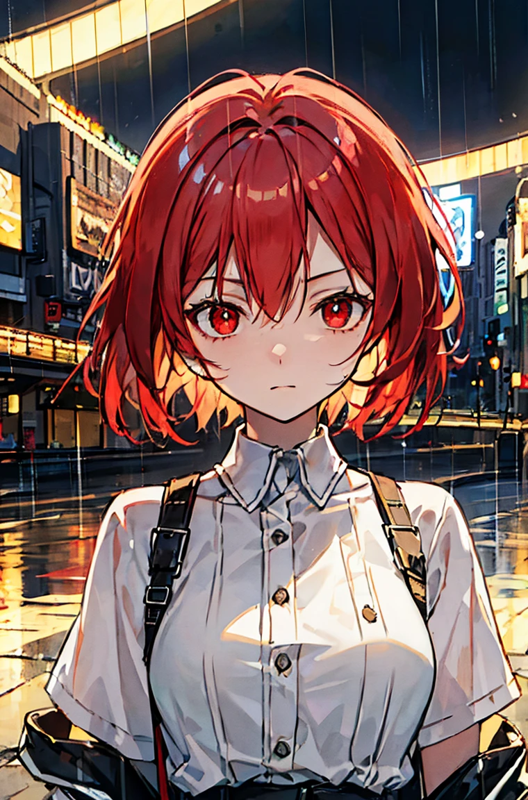 Beautiful masterpiece, best quality, Illustration style,little flame_arknights，
bridge_Ark of Tomorrow，serious， Red Hair，Red eyes，shirt，trousers，Anime Girl, beautiful eyes, summer,，small, Heartwarming, Youthful and beautiful,, showing a natural casual style. Dynamic posture contains the golden ratio, Large aperture portrait, White space, Strong contrast between light and shadow, Super texture, Super clear and concise pictures, presenting extremely beautiful, Elegant temperament, Subtle facial expressions, City background, rain, Road area water reflection，There is one，There is onehead，one person