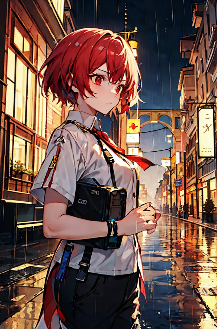 Beautiful masterpiece, best quality, Illustration style,little flame_arknights，
bridge_Ark of Tomorrow，serious， Red Hair，Red eyes，shirt，trousers，Anime Girl, beautiful eyes, summer,，small, Heartwarming, Youthful and beautiful,, showing a natural casual style. Dynamic posture contains the golden ratio, Large aperture portrait, White space, Strong contrast between light and shadow, Super texture, Super clear and concise pictures, presenting extremely beautiful, Elegant temperament, Subtle facial expressions, City background, rain, Road area water reflection，There is one，There is onehead，one person