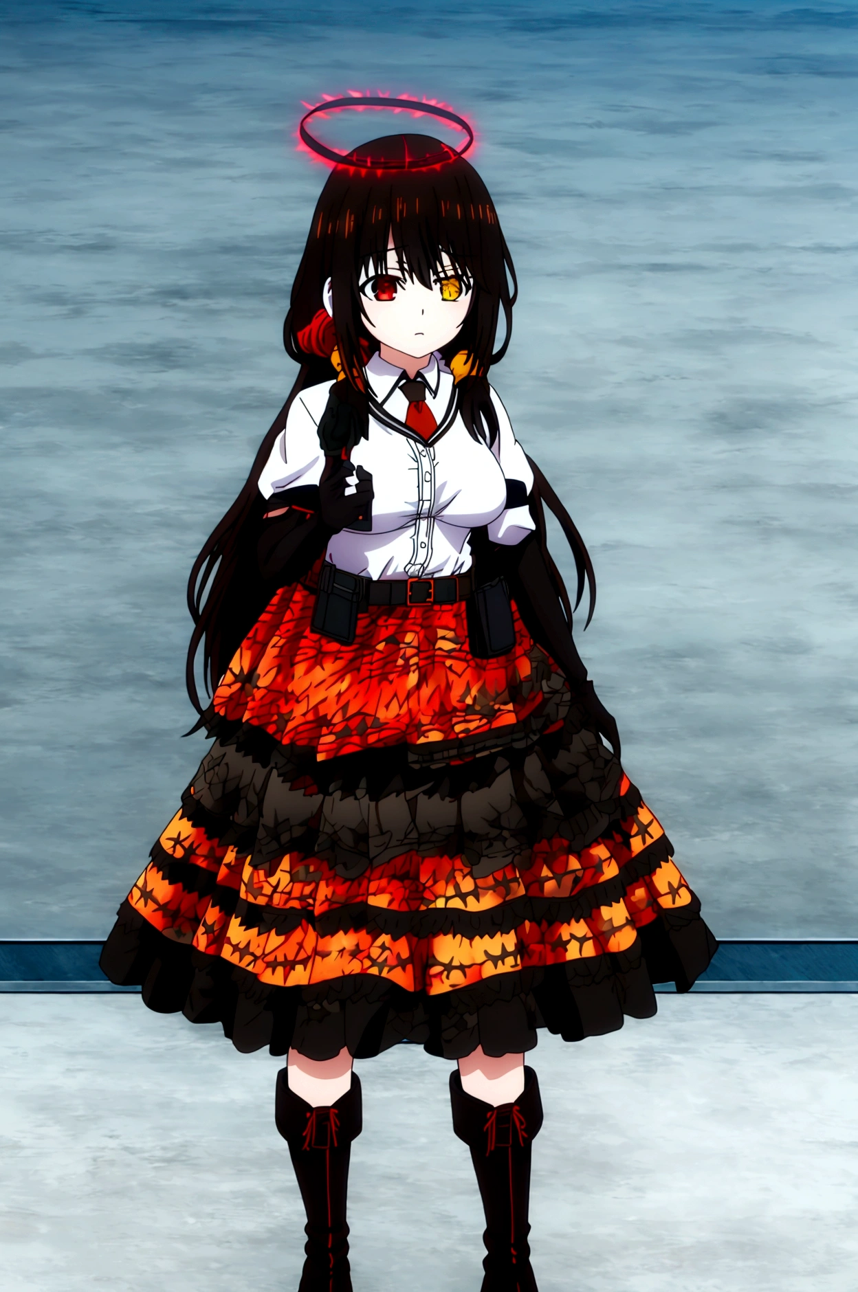 Anime adaptation for this character, (masterpiece) , (best quality), (ultra HD), 4K, tokisaki kurumi, tokisaki kurumi, heterochromia, black hair, very long hair, red right eye, yellow left eye, ornament hair, large breast, white shirt, orange necktie, belt, pouch, black pants, thigh boots, military hat, black gloves, black wings, orange halo