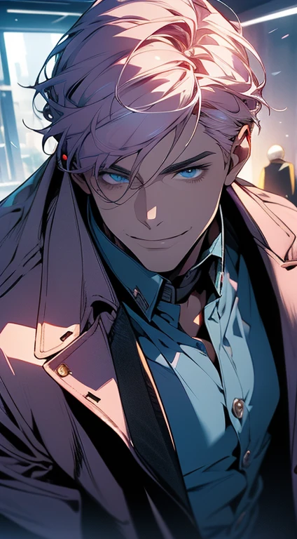 (best quality, masterpiece, 8K, photorealistic, cinematic lighting, hdr image, ultra detailed, beautiful image), a mature man, very handsome, smile, short grey pink hair, blue eyes, perfect face without errors, ((buttoning the jacket, CEO))