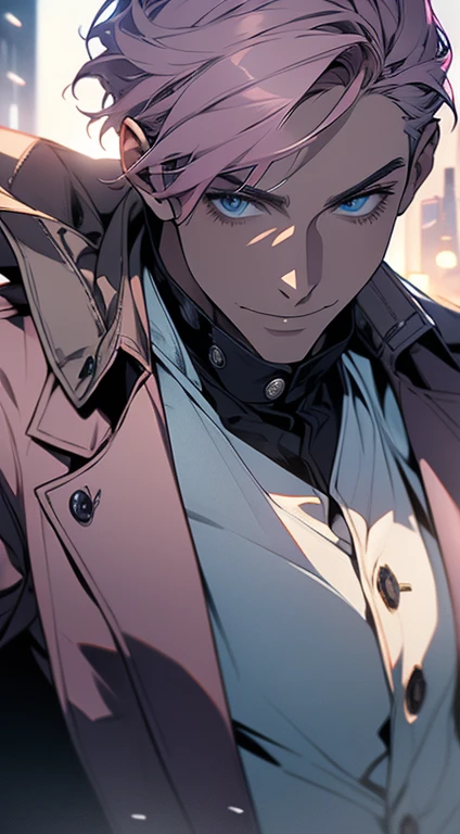(best quality, masterpiece, 8K, photorealistic, cinematic lighting, hdr image, ultra detailed, beautiful image), a mature man, very handsome, smile, short grey pink hair, blue eyes, perfect face without errors, ((buttoning the jacket, CEO))