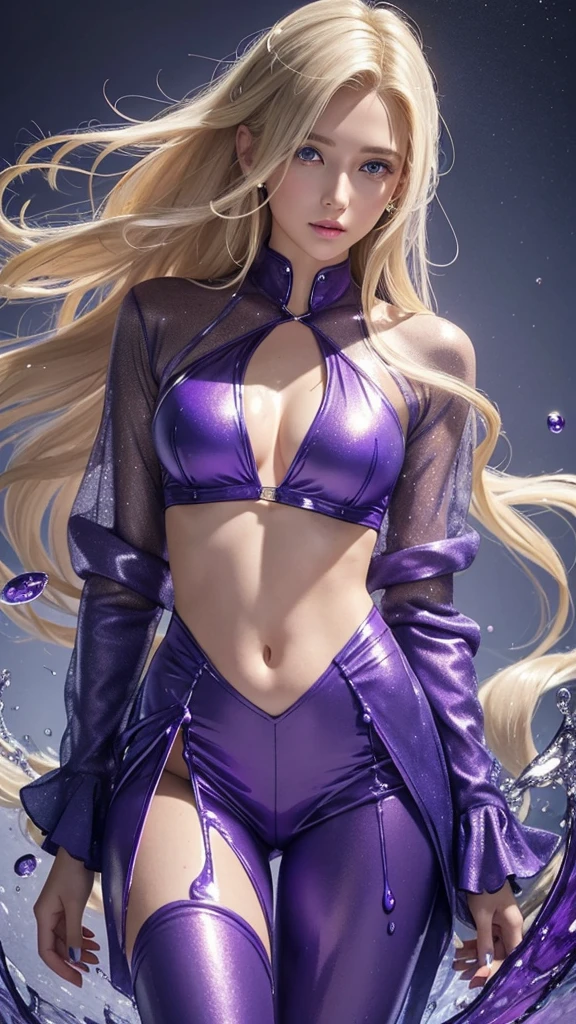 Beautiful supermodel woman with blonde hair, Hair with subtle highlights, Blue-gray eyes, Mixed Media, Wet paint, Jewel Beetle、Purple outfit, Colored Background, The color of the liquid flowing on her face, photograph:Jinnah Chan. - At six o'clock