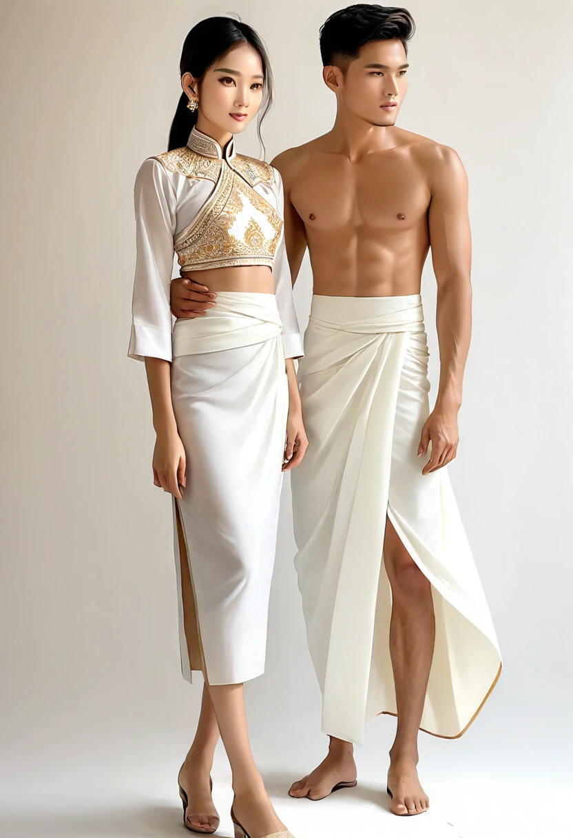 candid fashion illustration of two young man and women, 20 year old, adorned in a meticulously crafted North Thai traditional outfit, ((showcase fashion in a Northern Thai style, cotton handwoven in white color)), simple elegant and luxury style, The man wears a simple long-sleeved white shirt with minimal details, paired with white Tailor pants, and shoes, The woman complements him with white tubular skirt or Sarong with simple patterns, ankle-length, fitted intricately decorated blouse that complements the skirt. Captured in a low angle, ((full-body image)), stands gracefully against the white backdrop. Their attire simple with intricate embroidery and white accents, each element carefully chosen to reflect the rich Lanna cultural heritage, ((white studio background)), realistic color pencil lines, perfect drawing, charcoal lines, fading sketch, quick Sketch, soft light, fashion illustration, fashion sketching