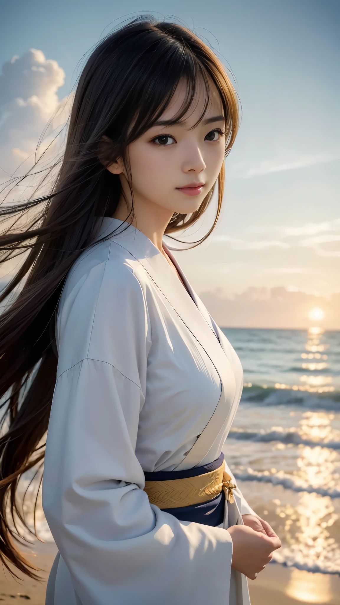 ((Japanese beautiful girl)), Delicate skin, Detailed Description, (:1.2, Beautiful Eyes, Idol Face), Calm scenery, Beautiful beach with a promenade, Cumulonimbus clouds floating in the blue sky, The sound of waves crashing on the shore, A summer breeze carrying the scent of the season, Bright sunlight emitting a warm glow, (Smiling beautiful girl), (Hair blowing in the wind, Beautiful flowing hair), (Highest quality, 4K, 8K, High resolution, masterpiece: 1.2), Very detailed, (Realistic, Realistic, Realistic: 1.37), Detailed facial features, Beautiful attention to detail, Beautiful lip detail, Very detailed目と顔, (Beautiful breasts), (double eyelid, Long eyelashes), Calm, quiet, peaceful, Idyllic, Warm colors, Golden Hour Lighting, Cinematic, dream-like, Nostalgia, landscape, Natural light, Very detailed美しい手, White thin kimono, (Gaze at the viewer, blush)