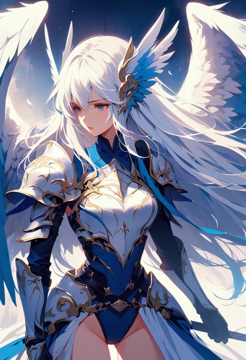 1girl angel angel_wings armor feathers_Long wing feathers_Hair Shoulder Armor Shoulder_Armor single piece_Upper wing separation_The body is white_Theme blue_Wings Wings