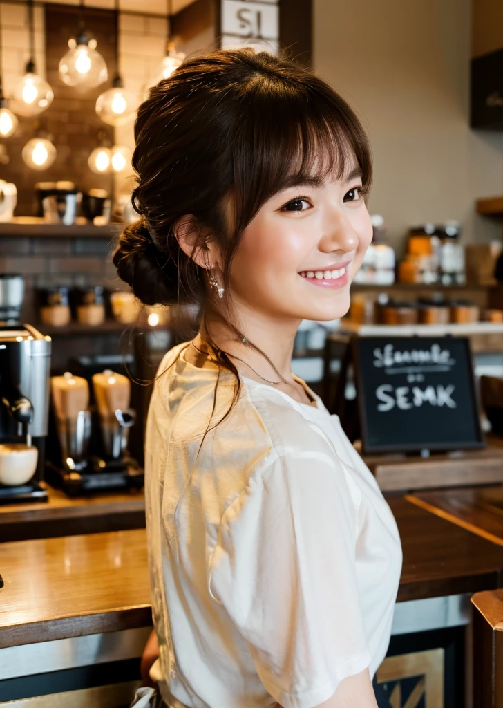 (Realistic, photo-Realistic:1.37),(8K, RAW Photos, Highest quality, masterpiece:1.2), Ultra-detailed, 超High resolution, Kodak Vision Color, Filmed with an Arricam LT camera,Highest quality, Lively, 8K, High resolution, Escape, (Professional Lighting), (Portraiture:0.6), Brown Hair,22 years old、slender、Cafe staff、Stylish cafe、おしゃれなCafe staff、ponytail、Barista、coffeeを作っている、Inside the store、Japanese、Upper body close-up、smile、coffee