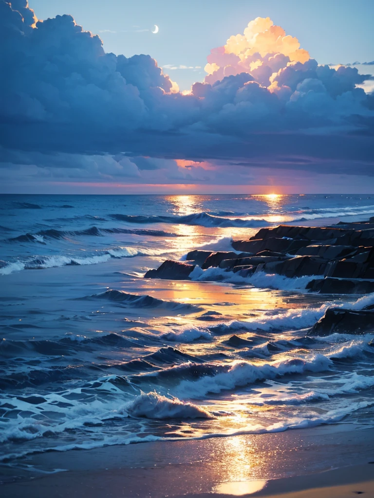 Masterpiece, Beautiful Beach view only, cloudy, moon, night time,