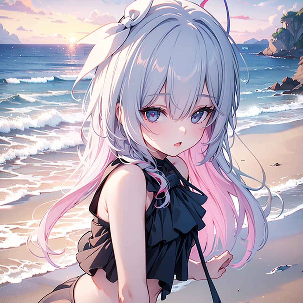 1girl,shy girl,swimsuit,beautiful detailed eyes,beautiful detailed lips,extremely detailed face,longeyelashes,dynamic pose,ocean background,sunset colors,warm lighting,photorealistic,8k,highest quality,digital art,masterpiece
