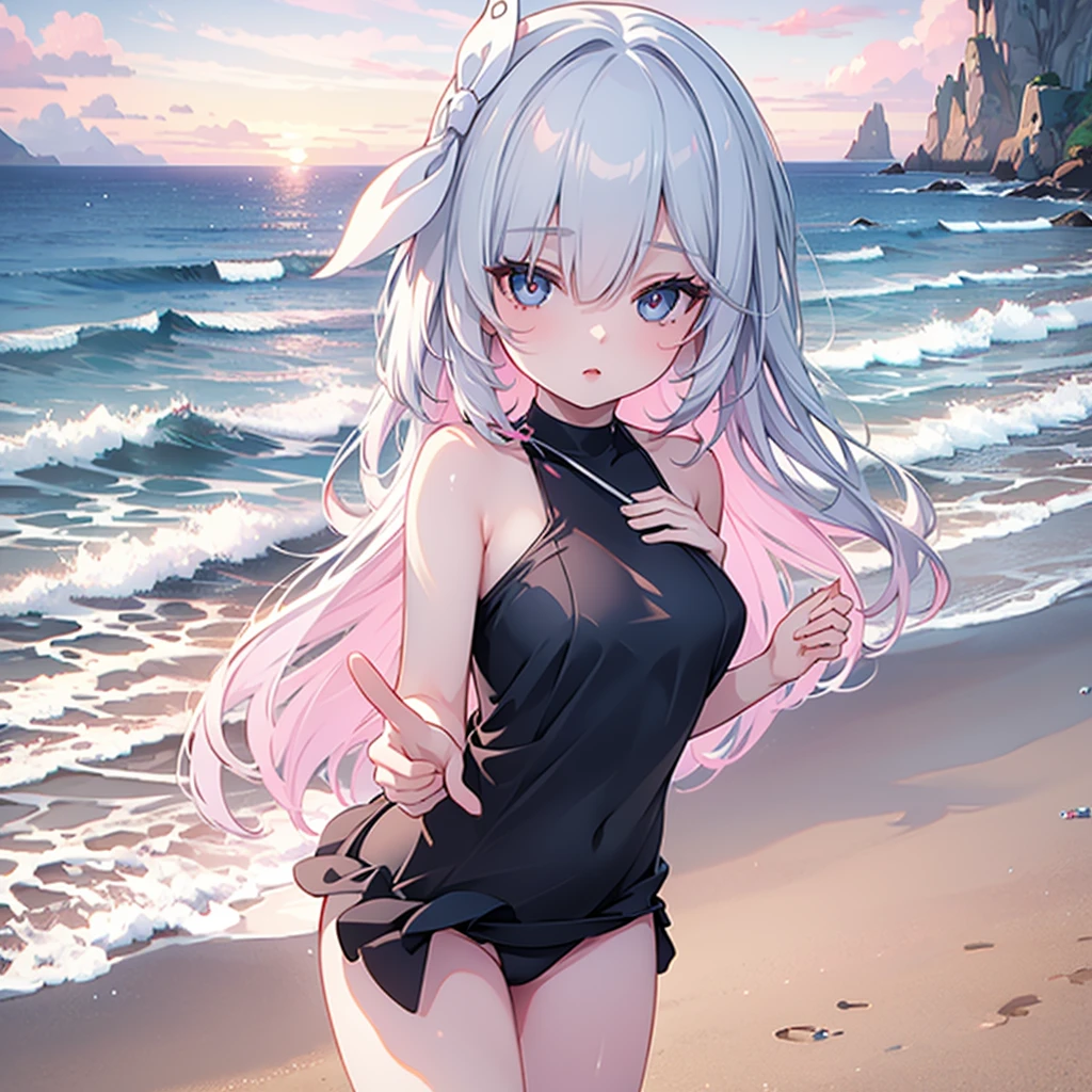 1girl,shy girl,swimsuit,beautiful detailed eyes,beautiful detailed lips,extremely detailed face,longeyelashes,dynamic pose,ocean background,sunset colors,warm lighting,photorealistic,8k,highest quality,digital art,masterpiece