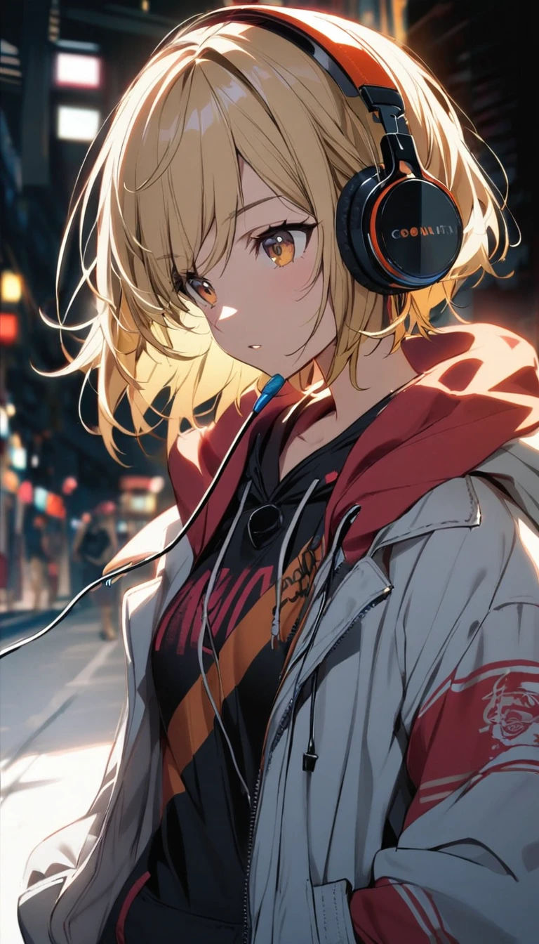 flat color,popart style,(best quality, masterpiece, ultra highres, ultra-detailed:1.2) , top-tier quality, 16K UHD, tween girl, profile,detailed face,Cityscape at Night, solo, introspective, reflective, contemplative, gaze fixed on the highway, headphones on, hoodie, sneakers,long exposure photography, light trails crisscrossing the night sky, detailed facial features, highlighted by the city lights, fair skin with a natural glow, rooftop setting with the city's twinkling lights as a backdrop,side angle, ,depth of field,portrait,