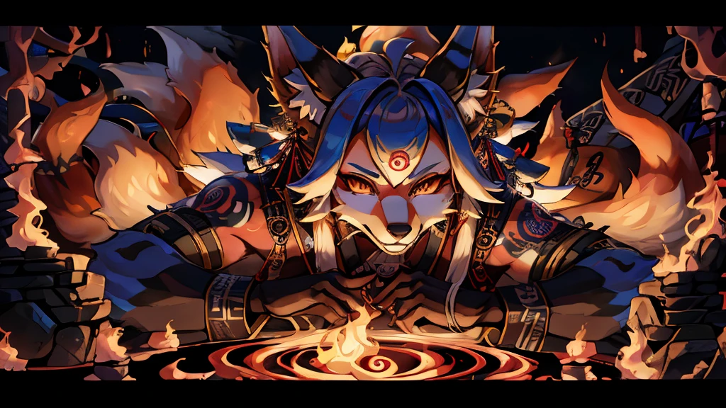 Kitsune 9 tails, add high definition_detail:1, blue fur,kitsune ears, tribal tattoo add_detail:1, in hell add_detail, batwigns add_detail Fer yokai kitsune.