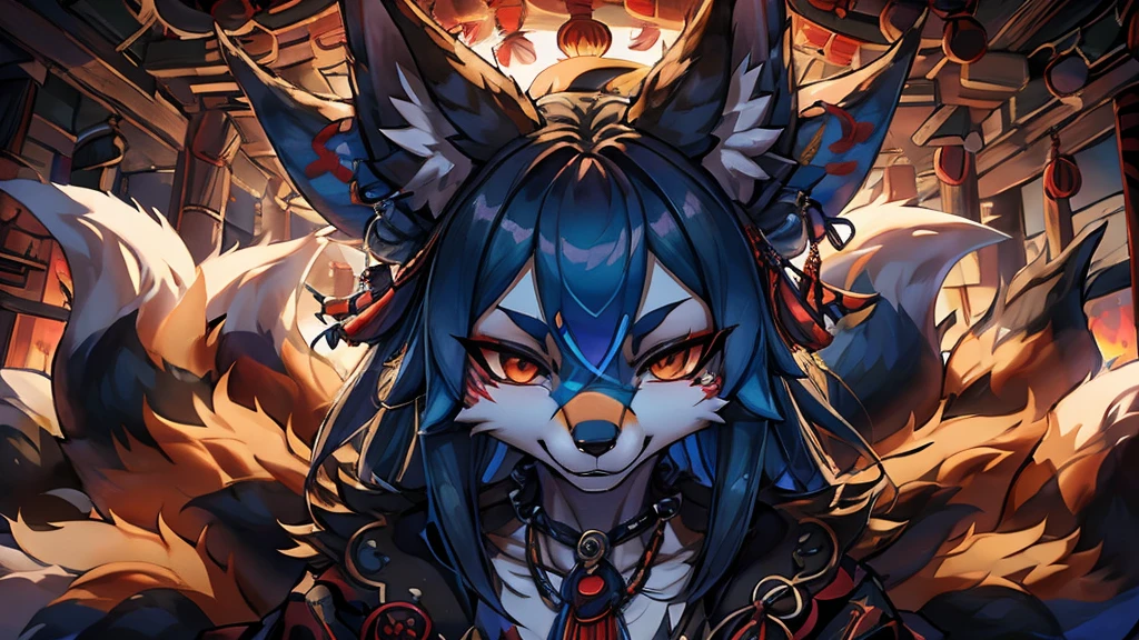 Kitsune 9 tails, add high definition_detail:1, blue fur,kitsune ears, tribal tattoo add_detail:1, in hell add_detail, batwigns add_detail Fer yokai kitsune.