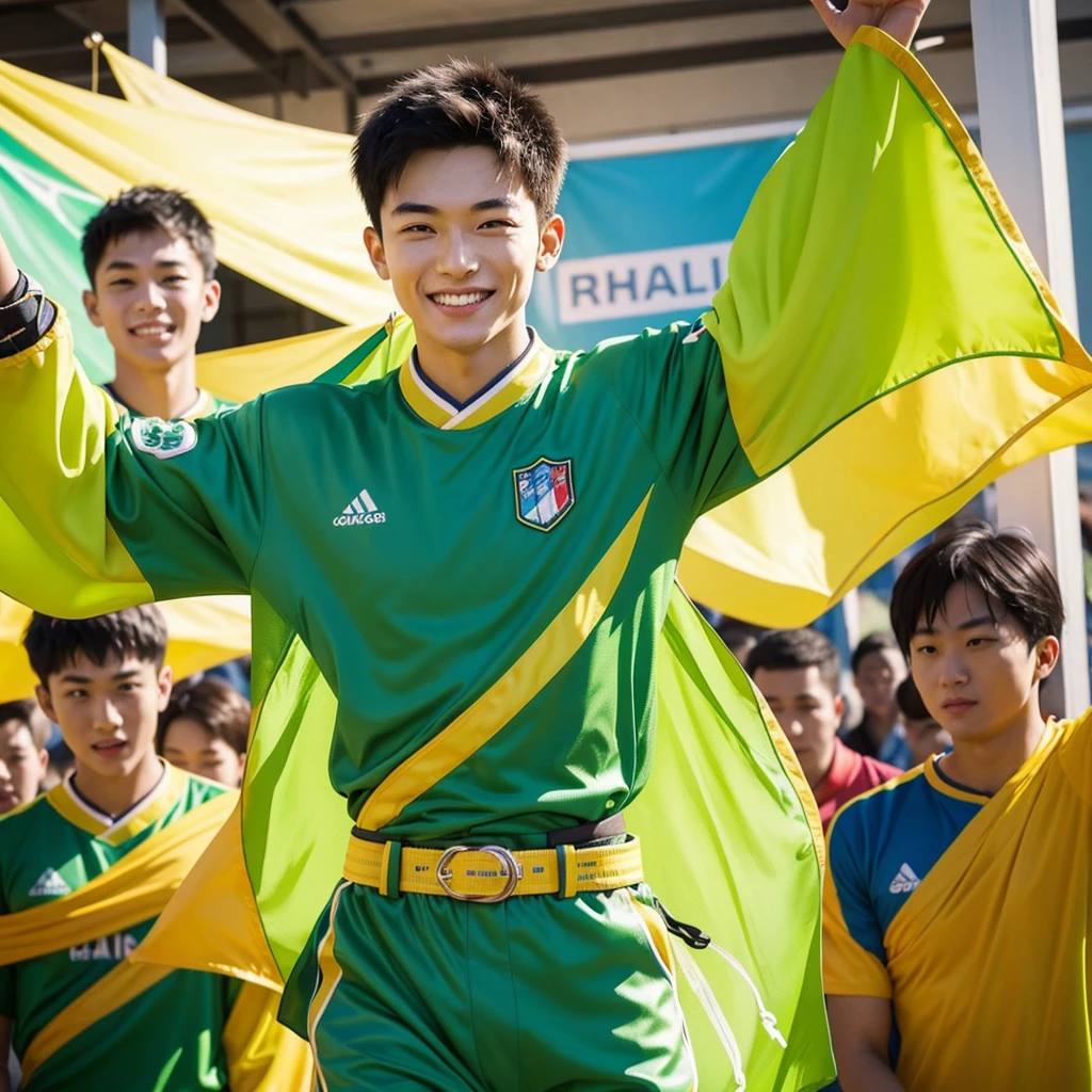 Create an image of a young male protagonist wearing vibrant green clothing. He should be in a confident and inspiring pose, leading a group of diverse people with determination and charisma. The setting should be dynamic and engaging, perhaps a community or rally, reflecting his role as a dependable and motivational leader. Include elements that highlight his leadership qualities, such as strong body language, an encouraging smile, and an atmosphere of unity and teamwork. The overall scene should convey trustworthiness, enthusiasm, and a sense of shared purpose.
