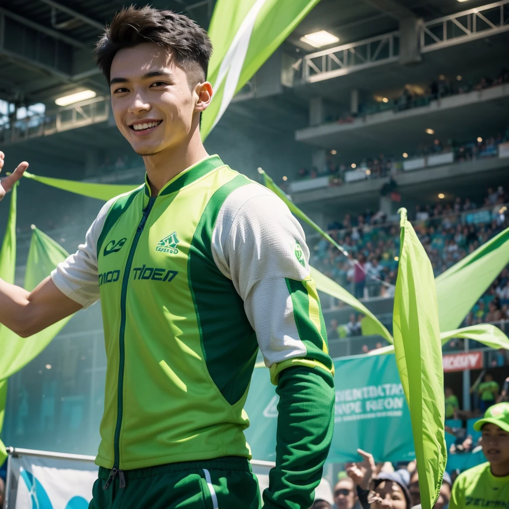 Create an image of a young male protagonist wearing vibrant green clothing. He should be in a confident and inspiring pose, leading a group of diverse people with determination and charisma. The setting should be dynamic and engaging, perhaps a community or rally, reflecting his role as a dependable and motivational leader. Include elements that highlight his leadership qualities, such as strong body language, an encouraging smile, and an atmosphere of unity and teamwork. The overall scene should convey trustworthiness, enthusiasm, and a sense of shared purpose.