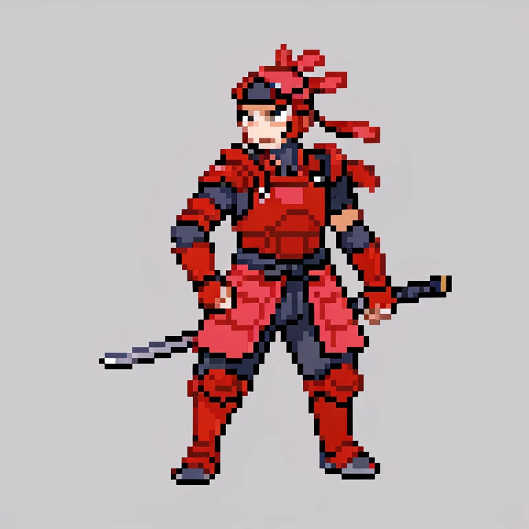 man in red samurai armor , standing