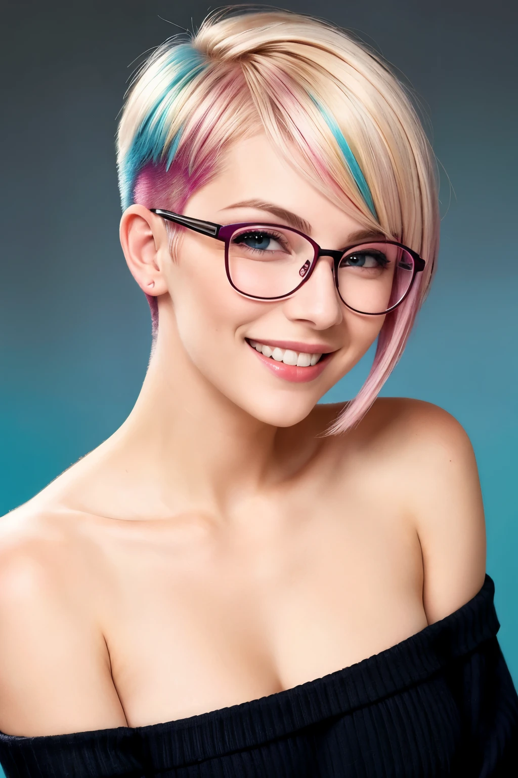 ((short blonde hair, asymmetrical hair, half-buzz cut hairstyle, multicolored gradient hair, pink hair, red-rimmed glasses, deep blue eyes, big breasts, smiling, big smile, grinning)), ((best quality)), ((masterpiece)), (detailed), 1girl, off-shoulder sweater, , detailed face, detailed eyes, detailed clothes, detailed background, detailed lighting, intricate details, 4k, 8k
