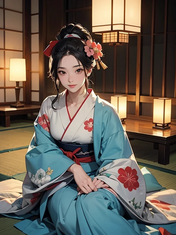 (Highest quality、masterpiece、High resolution、8K)、Ukiyo-e、Vibrant colors、Utamaro、Edo Period、Flowers of Yoshiwara、1 flower kui、whole body、Japanese-style room、It is a tatami room.、There is a candle light、Utamaroの絵のモデル、The courtesan&#39;s hair is black and beautiful、Decoration、The kimono is white with red floral patterns、Sitting、Sitting sideways、The kimono has been flipped up, exposing some bare skin.、One hand is holding a fan open、Details of the model&#39;s gestures and facial expressions、Official Art、Detailed CG、