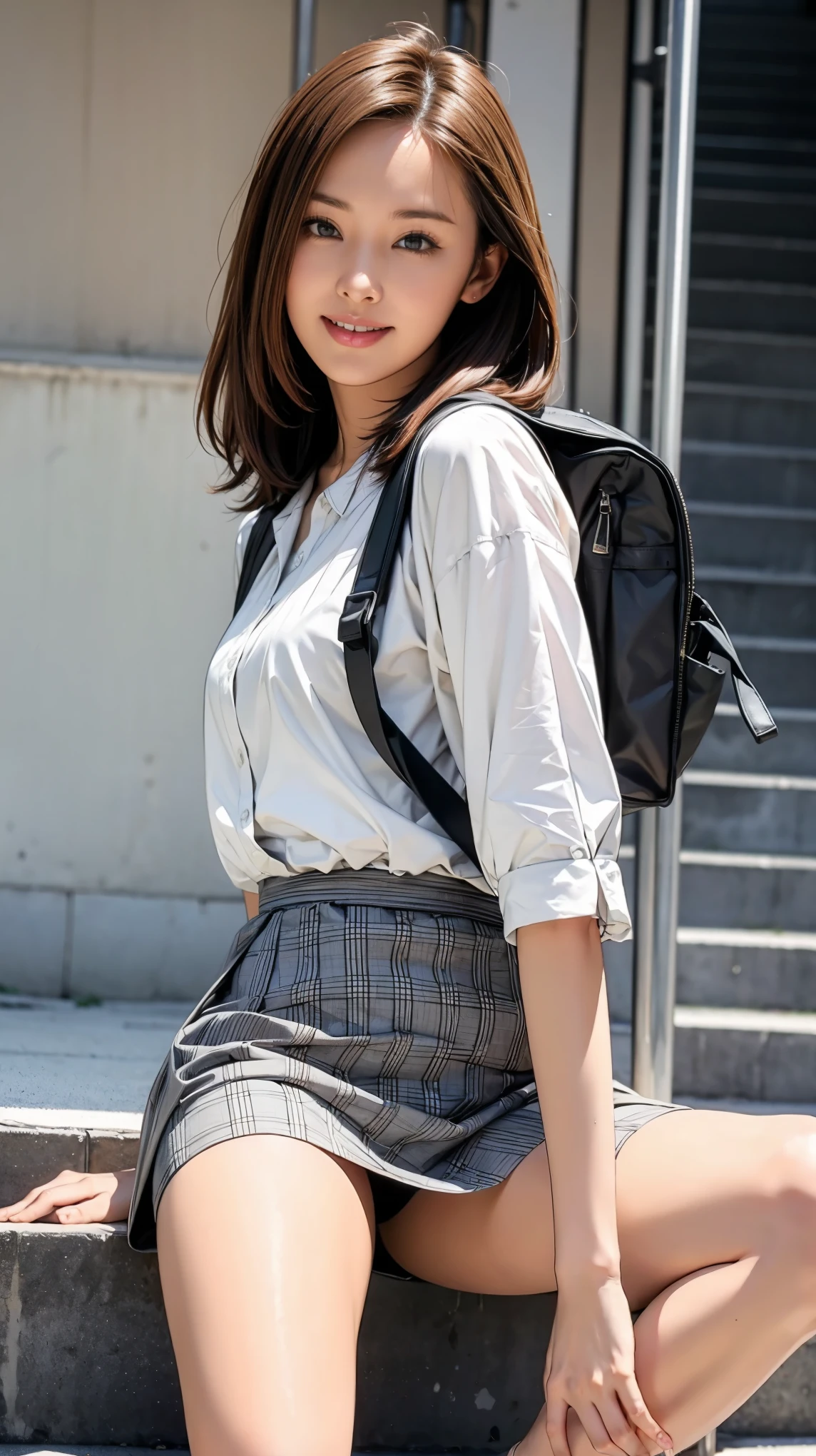 ((masterpiece)),(((Highest quality))),Thin thighs,Long legs,An 18-year-old high school girl standing on the school steps,White shirt,Blue and white plaid mini skirt:1.5,The best smile,Short bob with side waves:1.5，Carrying a black backpack，wear black loafers，Facing the front and spreading legs:1.5，
