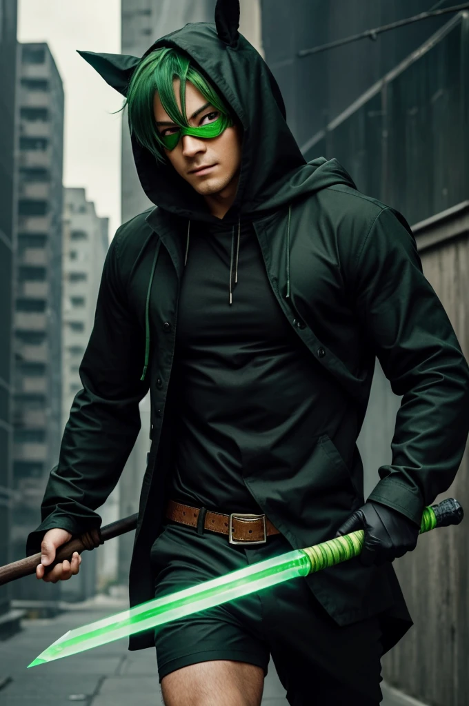 You can make an anime-style girl who wears a green rabbit mask and make the mask cute but threatening., which does not allow you to see your eyes and completely covers your face, who wears a dark greenish hood that completely covers his petrol green hair, His left eye is orange and his right eye is green., and wear a black jacket, black pants, black shirt and black boots, that he carries a spear that is green and has some emeralds on its handle and that the tip of the spear looks like a tree leaf and that he holds the spear in his left hand